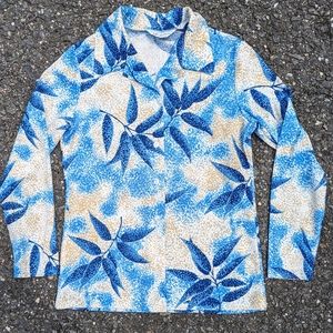 Vintage 1970s Blue Brown Leaf Pointillism Polyester Button Down Shirt M Retro